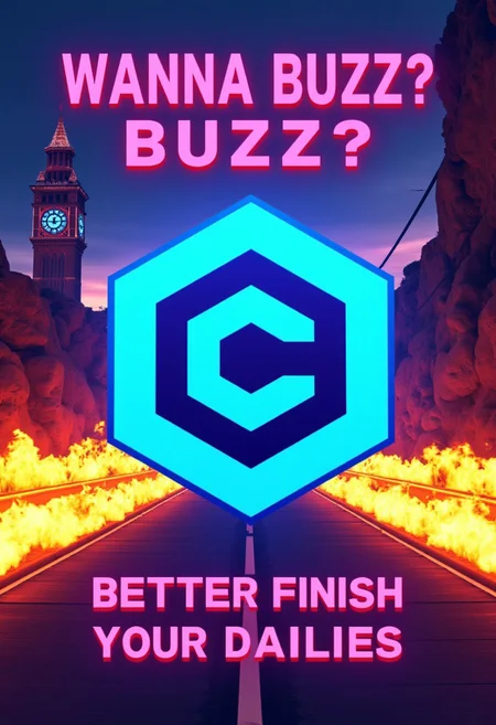 Create an image of a glowing blue hexagon civitaiLogo on an open road with fiery, neon-orange and yellow trails behind it. At the top, in a bold, retro-futuristic font, the text reads: 'WANNA BUZZ?' At the bottom, in the same style, it says: 'BETTER FINISH YOUR DAILIES' The overall aesthetic should feel dynamic, high-energy, and inspired by 80s sci-fi visuals. there is an old building with a clock tower in the background