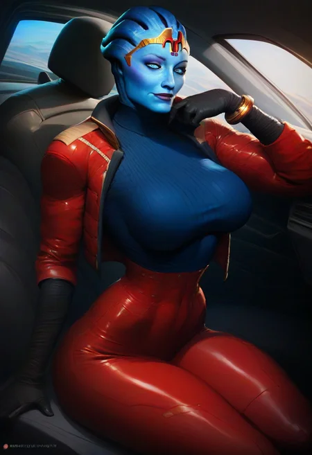 score_9, score_8_up, score_7_up,samara1, 1girl, alien, light-blue eyes, golden cuffs, without ears, samara1, mature,old milf,without eyebrows, without hair, standing, black elbow gloves, seductive smile, red skintight sweater, gold buttoned up jacket, red tiara, extremely detailed,black miniskirt,blue skin,toned body,large breasts, tight red pants without pockets, oiled body, shiny body, narrow waist,red thigh high boots, blue undershirt,smirking,car,sitting on car hood