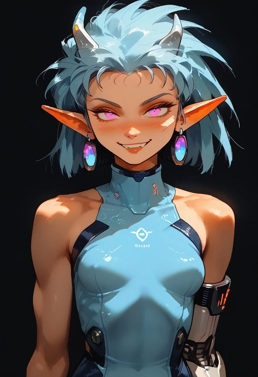 (easynegative:0.2 ) ,(score_9), score_8_up, score_7_up, , (anthro dragon), (bright green scales), glossy scales, purple eyes, green scaly skin, playful look, friendly expression, extremely detailed, source_furry, female, a human dragon hybrid, horse nostrils, full seductive lower lip, 1girl, smile, fangs, happy, extremely detailed, ((with pointed ears)):1.4, blue hair with white streak down the center, detailed body scales, ((right arm focus, cybernetic right forearm)):1.4, strong athletic feminine body, small athletic breasts, toned arms and legs, coy smile, tired eyes, exquisite feminine body, (bedroom eyes, naughty face, seductive, blush), thin narrow waist, wide hips, stunning sexy, posing elegantly, blue bodysuit, chunli alternate costume, vox machine style, 1girl, female focus, solo, fantasy, futuristic utopian city and environment, detailed landscape, extreme detailed, ( (dynamic lighting:1.1) ((masterpiece)) (dynamic lighting:1.1) ((masterpiece)) godrays, (highly detailed:1.2), (intricate:1.2), (best quality:1.2),(8k:1.2), (sharp:1.2), (majestic:1.2), natural lighting, detail++,