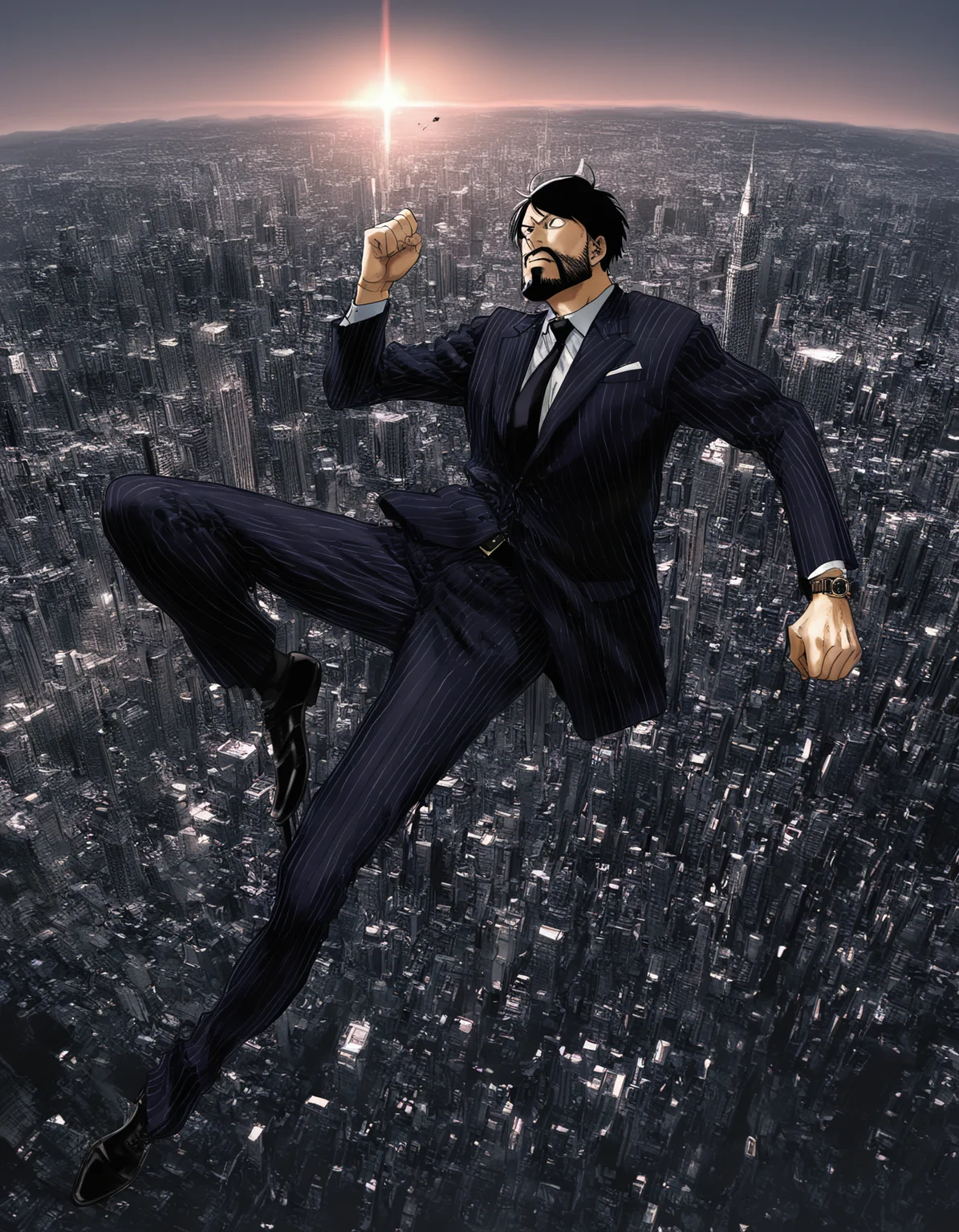 masterpiece, best quality, absurdres, kubo tite, 1boy, flying kick, midair, gigachad \(meme\), pinstripe suit, (beard:0.75), full body, black shoes, wristwatch, cityscape, solo, (necktie:0.75), (green eyes:0.75)