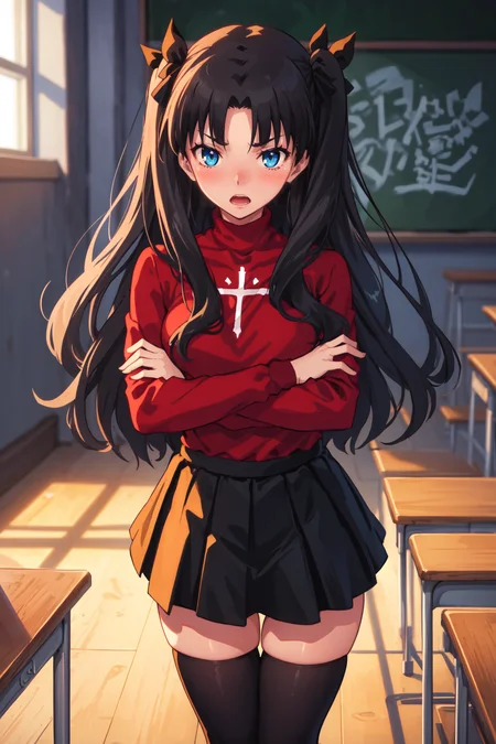<lora:tohsakaRinFateStay_v1:0.5>, Tohsaka Rin, Volumetric Lighting, Best Shadows, Shallow Depth of Field, Portrait Of Stunningly Beautiful Girl, Delicate Beautiful Attractive Face With Alluring Sharp Blue Eyes, Frown Sharp Eyebrows, Glowering, Open Mouth, Lovely Medium Breasts, Layered Long Black Two-Side Up Hair, Hair Ribbon, Blush Eyeshadow, Thick Eyelashes, Cross On The Red Turtleneck Shirt, Slim Waist, Black Short Pleated Skirt, Thigh Gap, Black Thigh-High Stockings, Silent Night, Moonlight Shining Through Window, Floating Dust Particles, Classroom In An Abandoned School, Green Chalkboard With Wooden Frame, Broken Desk And Fallen Chairs, Legs Apart, Crossed Arms, Looking Down, (Highest Quality, Amazing Details:1.25), (Solo:1.3), Brilliant Colorful Paintings
