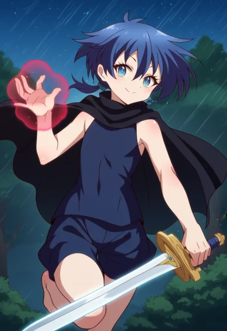 score_9, score_8_up, score_7_up, source_anime BREAK looking at viewer, solo, 1girl, cowboy shot,
<lora:LloydDwnstyPdxl:1>, lloyd_dress, blue eyes, blue hair, short hair, low ponytail, hair between eyes, sleeveless dress, blue bodysuit, hip vent, turtleneck, flat chest, flying, black cloak, black jacket,
evil smile, midair, flying, leg up, holding sword, magic,
outdoors, forest, rain, nature, starry sky, moonlight,
<lora:7thPrinzIsekaiDwnstyArtstyle:1>
