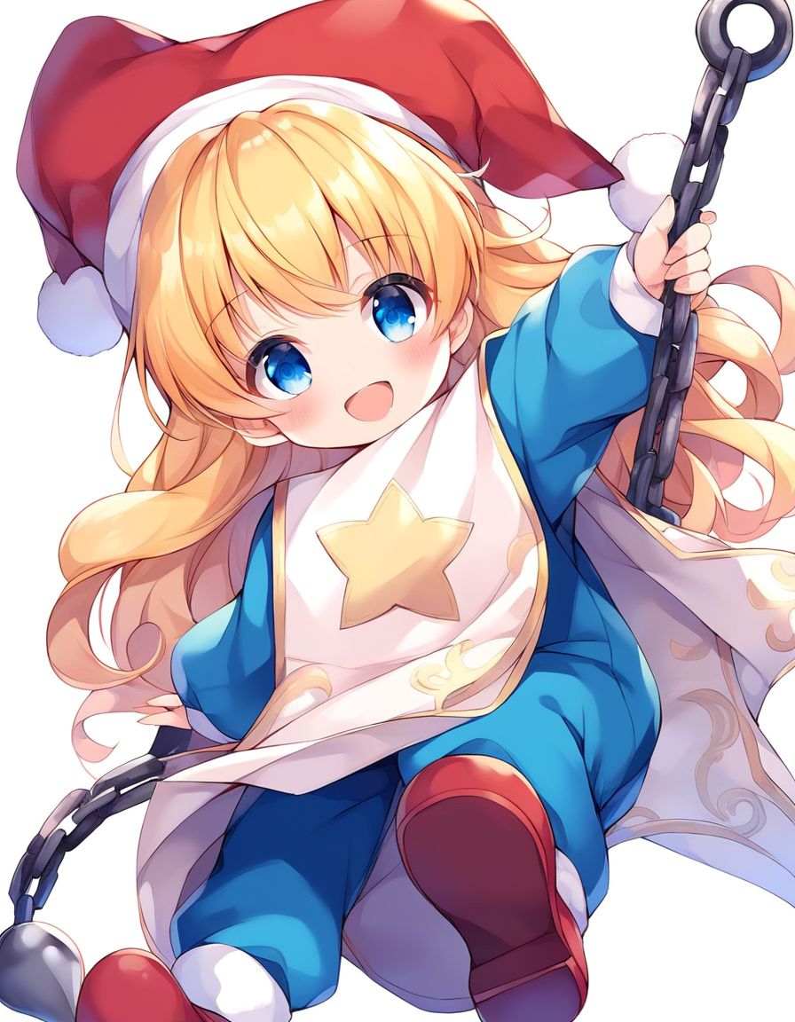 score_9, score_8_up, score_7_up, source_anime, rating_explicit, BREAK  <lora:Charlotte_seiken_densetsu3_XL:1>
Charlotte_seiken, 1girl, blonde hair, solo, blue eyes, long hair, smile, hat, open mouth, tabard, curly hair, white background, weapon, jester cap, holding, full body, simple background, looking at viewer, red footwear, holding weapon, blush, long sleeves, chain, :d, red headwear, bangs, star (symbol),