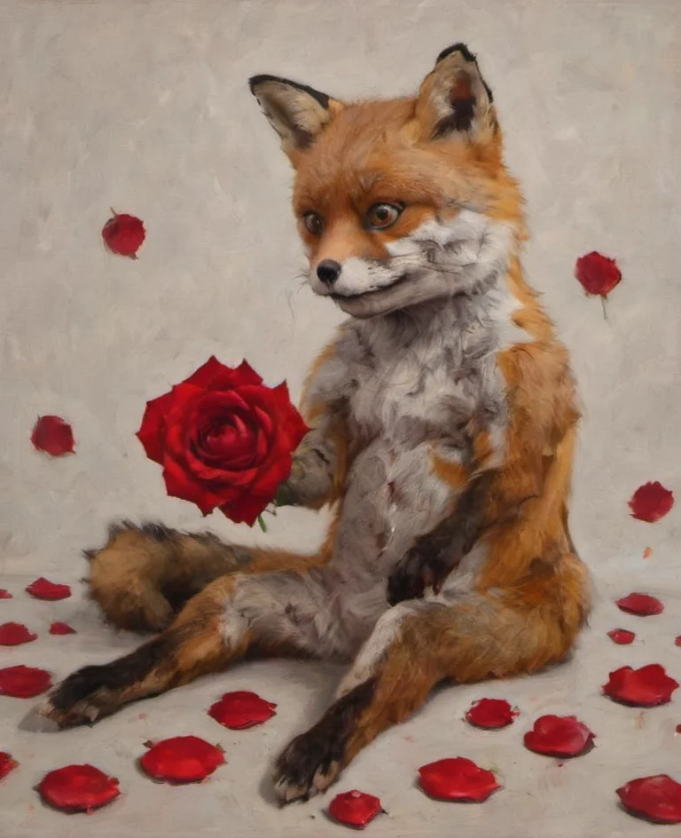 american beauty movie poster reenact by a fox, failing rose pedals, seductive, cinematic, perfect composition, looking sideways, low budget version, <lora:- SDXL - stnerfx _Stoned_Fox_Style_V4.0:0.8>