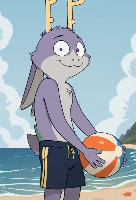 score_9, score_8_up, score_8, <lora:Taylor_aka_Fatigue_Bedfellows_for_PonyXL:0.8> 1boy, furry male, animal ears, antlers, f4tigu3, jackalope, beach. swim trunks, beach ball, smile, wave, solo,
