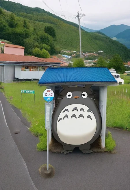 totoro,holding an umbrella,basutei, bus stop, no humans, scenery, grass, outdoors, rural, tree, sky, sign, utility pole, mountain, power lines, day, real world location, building, road, house, cloud, landscape, poster (object), mountainous horizon, fence, hill, photo background, bush, japan, field, nature
masterpiece, best quality, amazing quality, very aesthetic, absurdres, newest,
<lora:sc_bustei_illustrious_V1L:1>