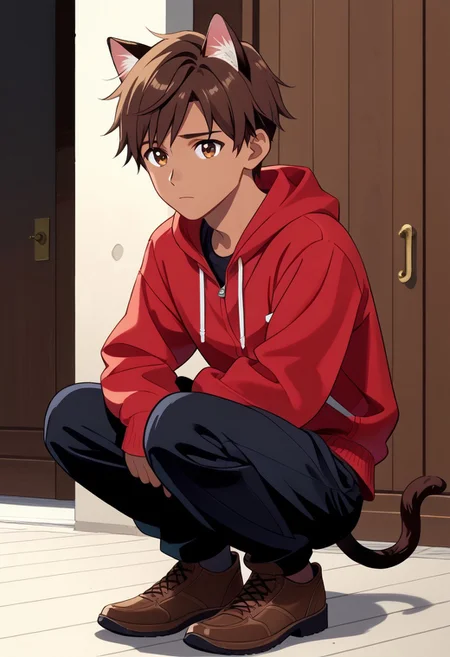 Anime style, anime art style, cartoon art style, ((masterpiece)), ((best quality)), ((ultra-detailed)), score_9_up, score_8_up, score_7_up, HD, top quality, best quality, High-quality illustrations, anime screencap, masterpiece, best quality, amazing quality, BREAK man male guy, curly dark brown hair, short hair, hazel brown eyes, big eyes, defined chin, chiseled face, dark brown cat ears, dark brown cat tail, tan skin tone, full body, detailed eyes, high definition eyes, red hoodie jacket, black pants, crouching, sad, pleading eyes, BREAK (Cartoony),