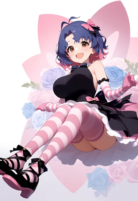 1girl,
toyokawa fuka,
blush, blue bow, blue hair, pink bow, smile, pink dress, flower, striped gloves, curly hair, open mouth, two-tone bow, pink gloves, breasts, white background, :d, pink footwear, striped thighhighs, simple background, large breasts, black footwear, black bow, short hair, knees together feet apart, pink hair, black dress, dress, full body, dress bow, two-tone hair, multicolored hair, antenna hair, solo, thighhighs, brown eyes, bow, elbow gloves, gloves, pink thighhighs, looking at viewer, hair bow, striped clothes,
sfw
<lora:a31_char_new_toyokawa_fuka:1> <lora:a31_style_koni-000010:0.8>