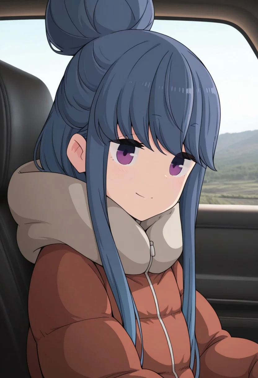 masterpiece,best quality,amazing quality, shima rin, blue hair, purple eyes, 1girl, solo, car interior, long hair, smile, closed mouth