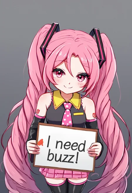 need_buzz, holding black sign, hatsune miku, absurdly long braided hair,pink hair,twintails,hair ornament,sidelocks,hair between eyes,parted bangs,bright red eyes, sleeveless vest on bright yellow shirt,collared shirt,bare shoulders,sleeveless shirt,polka dot necktie,detached sleeves,shoulder dragon tattoo,fringe,black thighhighs,miniskirt,micro mini skirt,zettai ryouiki,loud pink thigh boots