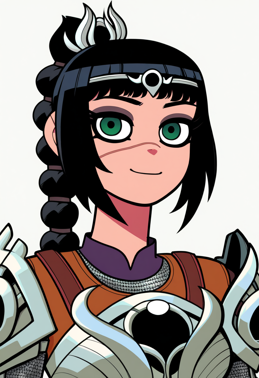 best quality, amazing quality, very aesthetic, absurdres,
BREAK
1girl, solo, shadowheart, black hair, braided ponytail, green eyes, scar on face, circlet, armor,
smile, looking at viewer, upper body, simple background, white background, <lora:ShadowHeartIllustrious_byKonan:0.8>  <lora:BryanLeeOMalleyNoobLocon_byKonan:1>