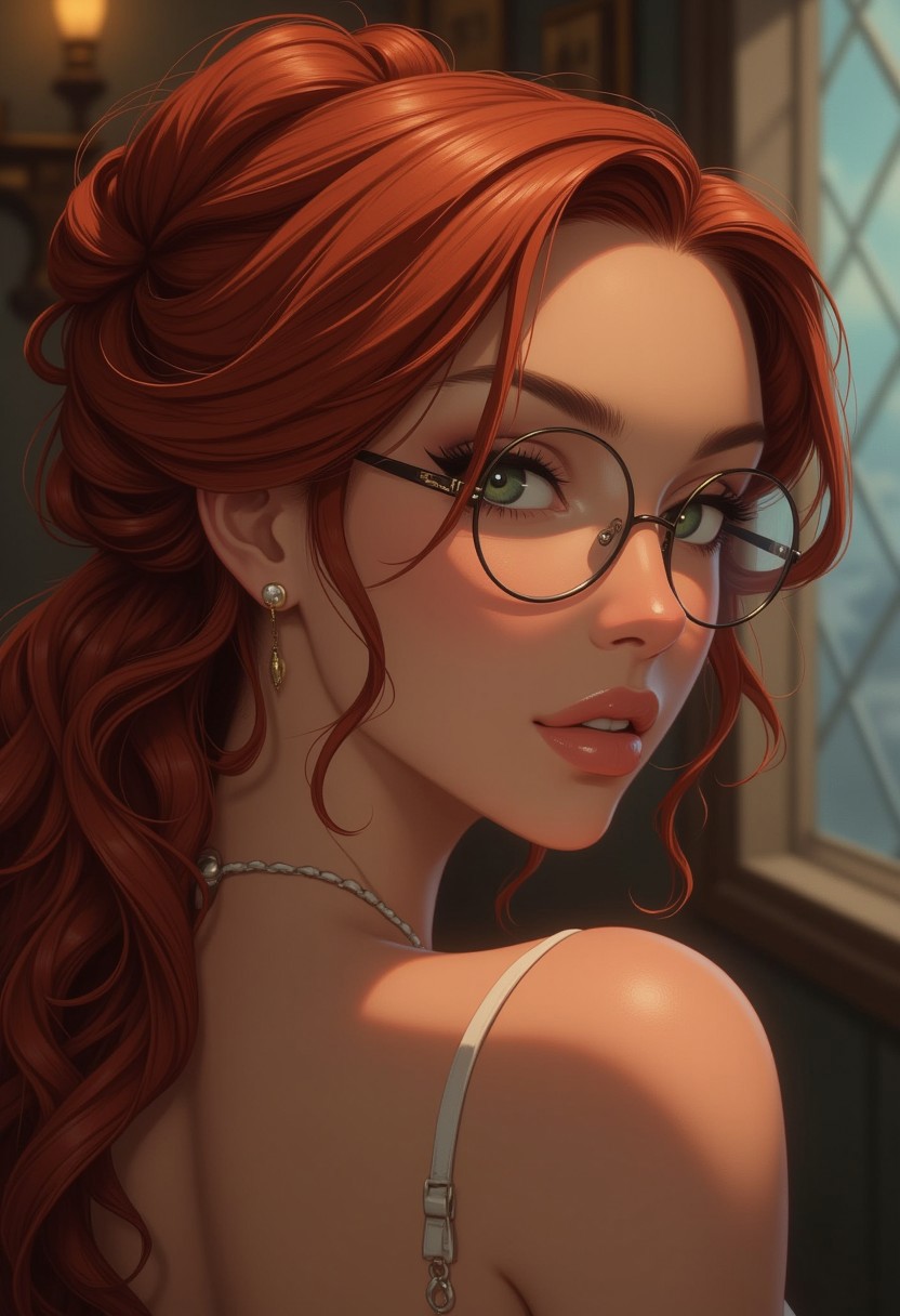 masterpiece, best quality, hyperrealistic digital painting by Jeremiah Ketner and Charlie Bowater and Stanley Artgerm and Thomas Saliot and J. Scott Campbell, shallow depth of field, bokeh, incredibly detailed, real, lifelike face, realistic, round glasses, red hair, long hair, elegant updo, green eyes, deep gaze, side view, extreme close-up, blurred background,