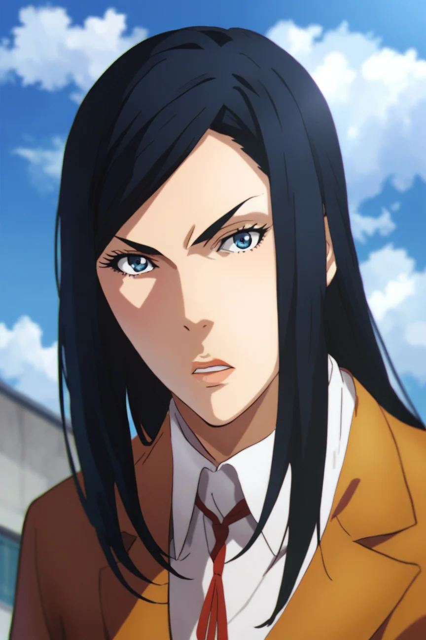 score_9_up, score_8_up, score_7_up, <lora:Prison_School_anime_style_Pony_r2:1>,mari kurihara, solo, black hair, sky, long hair, cloud, blue eyes, day, anime coloring, parody, lips, parted lips, looking at viewer, disgusted, portrait, face focus, outdoors, best quality, high quality