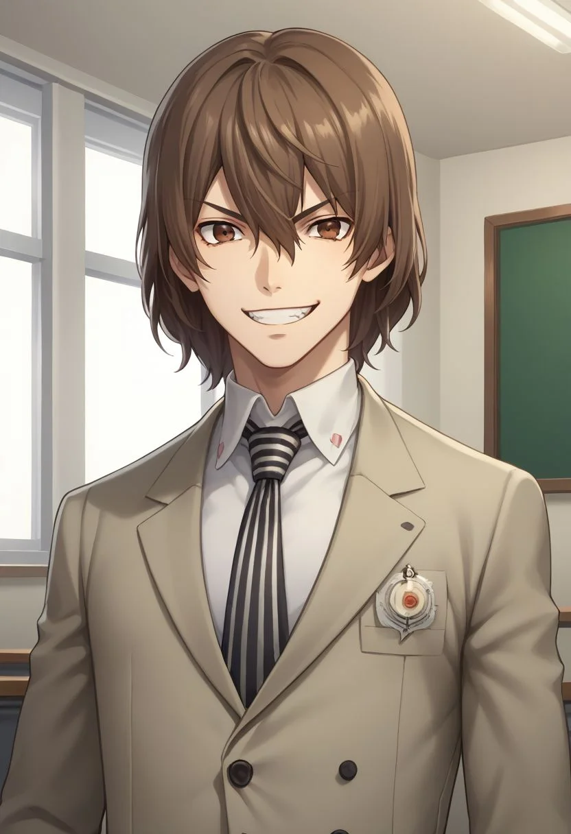 score_9, score_8_up, source_anime, highly detailed, 1boy, solo, male_focus,
goro, brown hair, male focus, 1boy, necktie, brown eyes, school uniform, formal,looking at viewer, suit, hair between eyes, shirt, collared shirt, jacket, striped necktie. evil grin,
inside, stand, dark,