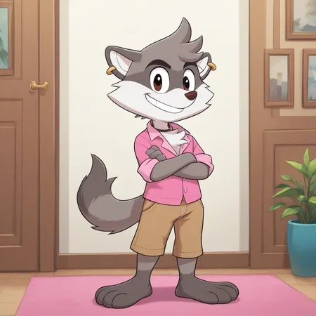 full body, indoors, Happy, Full Body, smile, Arms Crossed, male focus, jewelry, Earring, furry, solo, Indoors