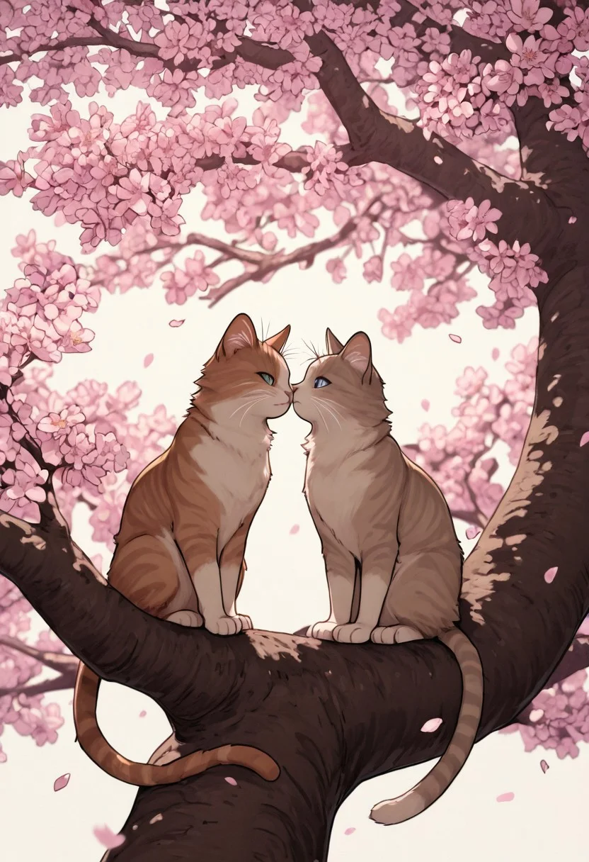 gothic_glittercore, masterpiece, best quality, very awa, absurdres, two cats sitting on a tree branch, facing each other in an intimate and harmonious pose. The left cat is black, while the right cat is white, creating a striking contrast. They are surrounded by delicate, blooming branches with small flowers, adding a serene and romantic atmosphere. The background is softly blurred, focusing the viewer's attention on the cats and their interaction. The lighting is soft, emphasizing the texture of their fur and the gentle ambiance of the scene. pink heart in front of them