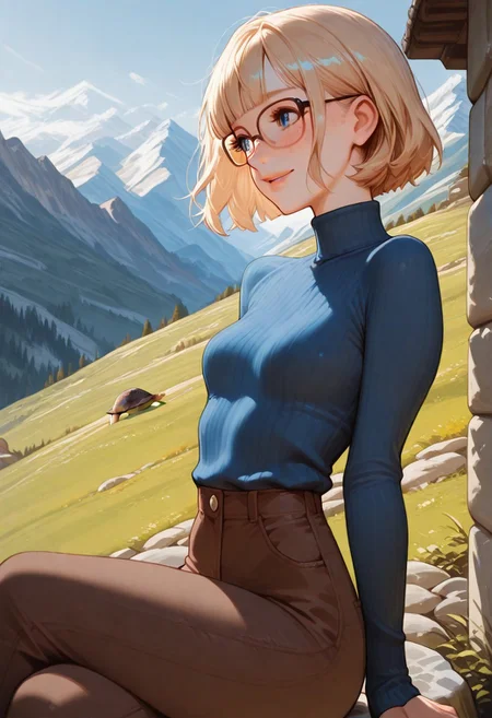 masterpiece, best quality, 32k, high resolution, absurdres, dynamic lighting, HD32k, 1girl, solo, Saly-Free, blonde, eyeglasses, short hair, blue eyes, small breasts, blunt bangs, freckles, slim, blue sweater, turtle neck, brown pants, posing cute, outdoors, parted lips, focus on face, sitting on a stone wall, profile, looking away, crossed legs, aesthetic, detailed, mountain landscape, urban scenario, shy smile