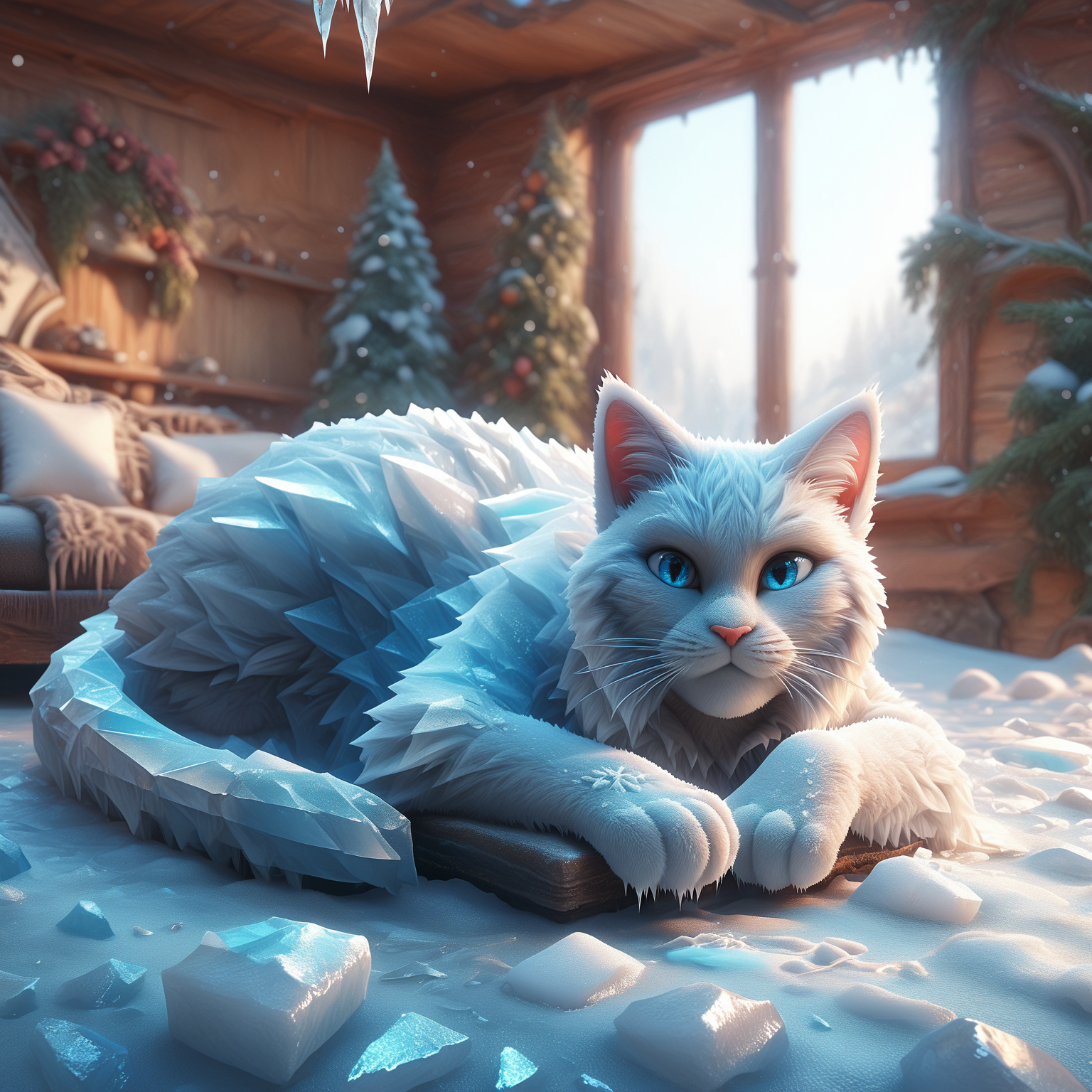 (rating_safe:1.2), score_9, score_8_up, score_7_up, fr0stwrld, snow, ice <lora:Fr0stWrld-000010:1.3> BREAK
domestic cat, felid, white fur, blue eyes, looking at viewer, sofa, on sofa, lying, living room