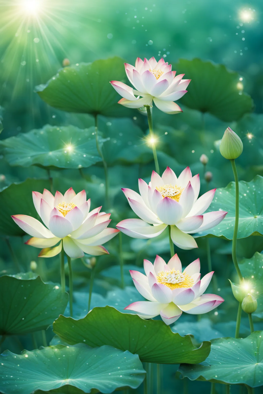 <lora:hehua:0.9>,hv,no humans,lily pad,flower,sparkle,lotus,scenery,outdoors,leaf,nature,water,light rays,blurry,