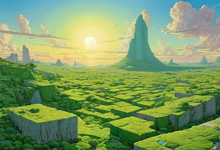 a view of a landscape where everything is cubical, cubical sun, cubical cloud, cubical landscape, cubical greenery, Moebius art style,