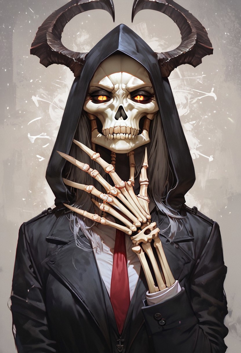 score_9, score_8_up, score_7_up, score_6_up,SFW , 1girl, solo , black suit, necktie, black pants, handgun, HD, high res, detailed, solo, death, female grim reaper, skeleton, skull instead of head, black hood, hooded person, bone fingers,