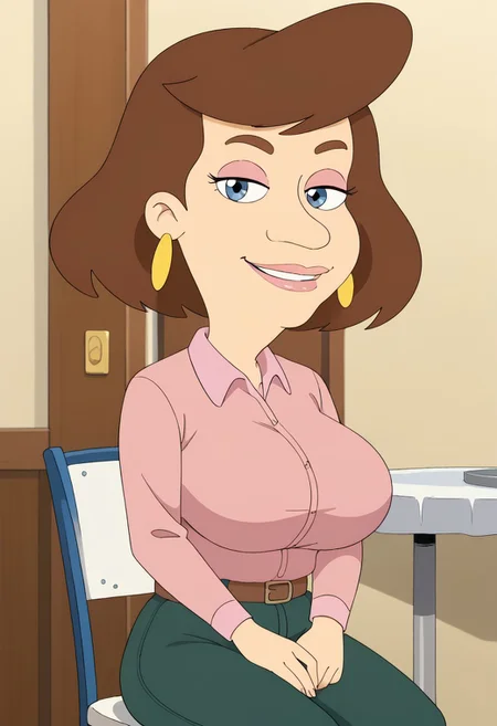 score_9, 1girl, Solo, Barbara_BM, light skin, light blue eyes, brown eyebrows, brown hair, short hair, pink lips, pink eyeshadow, pink long-sleeved polo shirt, brown belt, green pants, gold disc earrings, dark brown loafers, looking at viewer, smile, half-closed eyes, huge breasts, long breasts, cowboy shot, indoors, retro artstyle, tall stature, sitting on a chair