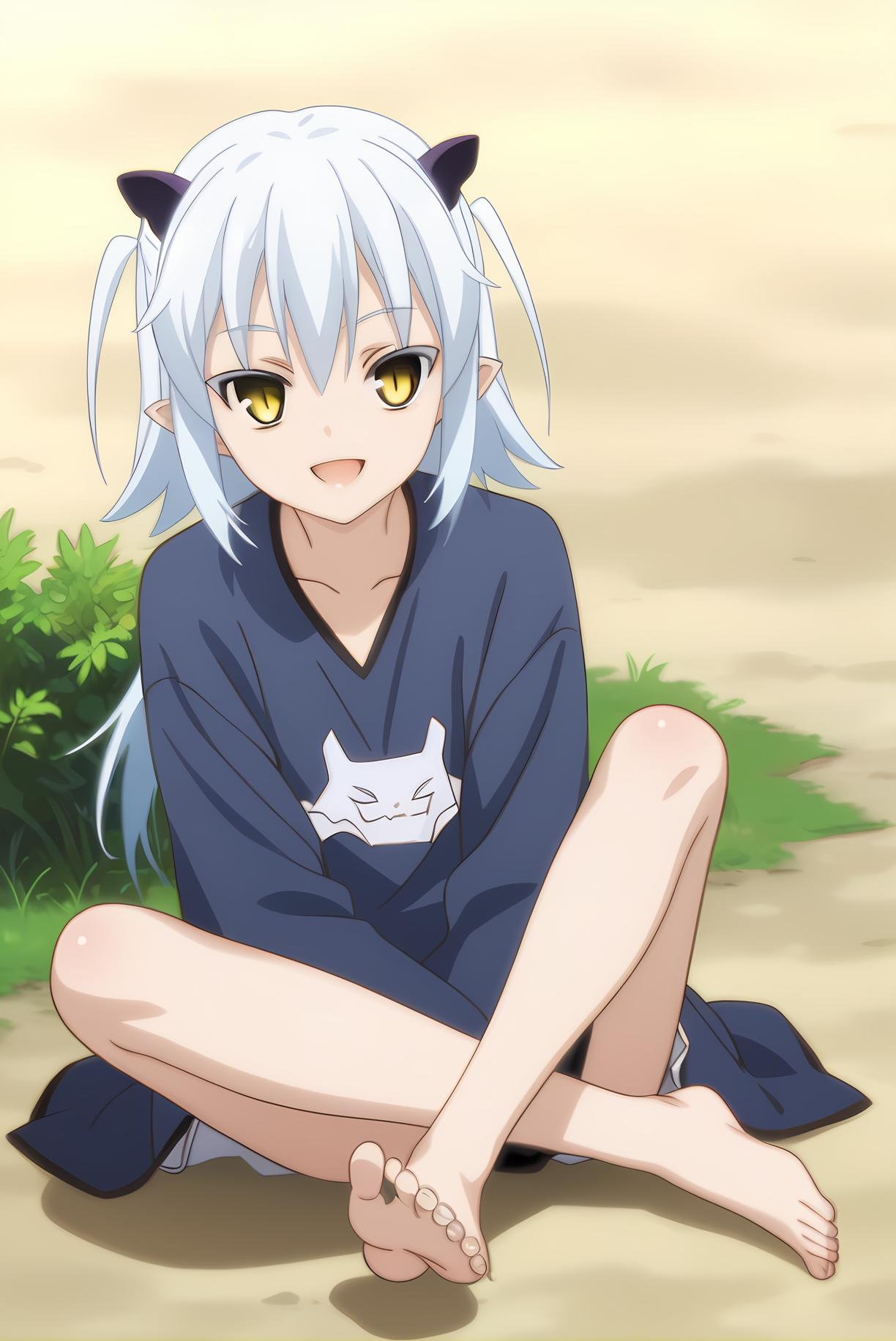 (casual clothes), mt-shiroyasha, white hair, yellow eyes, short horns, 1girl, solo, skinny, feet, (score_9, score_8, score_7), source_anime, happy, (outdoors), (1.3::full body|sitting|standing|lying|0.6::close-up| :1.20), <lora:mt-shiroyasha-V01-000003:0.80>