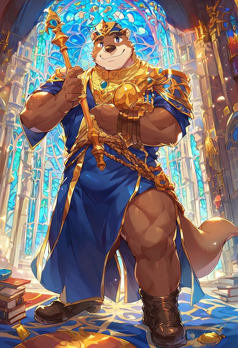 score_9, score_8_up, score_7_up, 1boy, bara, muscular, male focus, furry, anthro, Otter, priest's clothes, fantasy, staff and book, full body, dynamic pose, church, inside, day, looking at viewer, smile, masterpiece, best quality, amazing quality, FurryHeroes