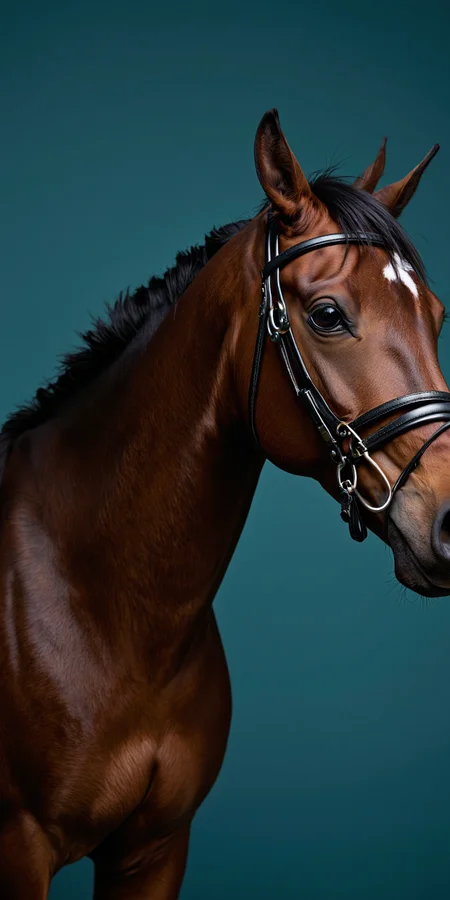 High quality and high contrast photography, A badass, sleek brown horse stands proudly against a teal backdrop. Its glossy coat shines with a well-defined musculature, and it's decked out with a black bridle and reins. The horse's alert eyes and slightly turned head give off a vibe of strength and grace. The lighting highlights the horse's shiny, healthy coat.