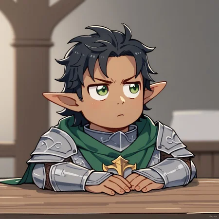 (((beautiful, high quality))), upper Body, score_9, score_8_up, score_7_up, wood elf Man, 1male, brown skin, curly hair, black hair, long hair, green cape, messy hair, posing, silver armor, golden shield crest, blurred background, steel armor, armor, knight, full body, tiny body, green eyes, looking to the camera, serious expression, cute, closer, behind table