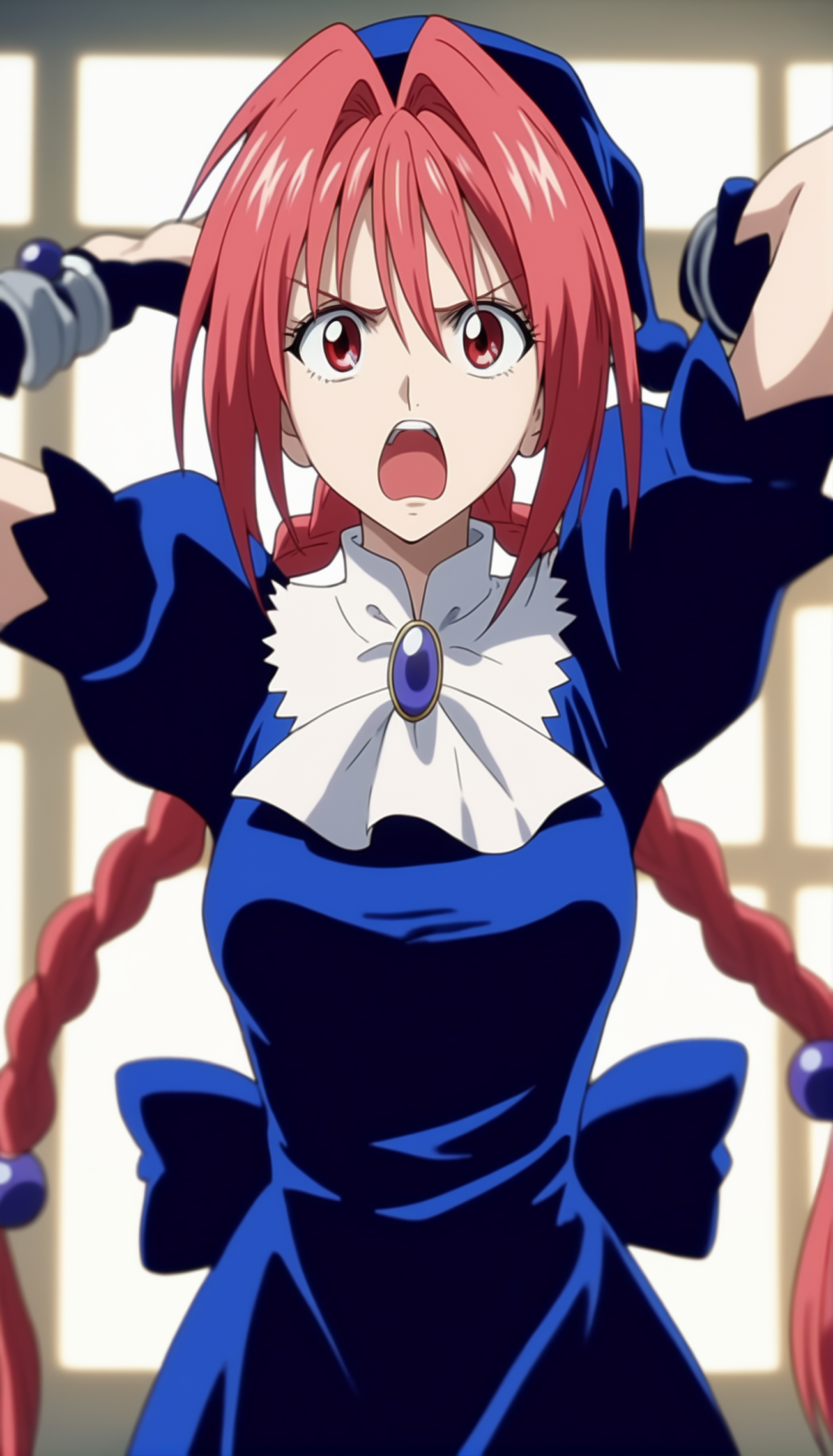 core_9,score_8_up,score_7_up,
<lora:dorothy>,doroshii,1girl,solo,
pale skin,red eyes,
pale skin,red eyes,long pink hair,bangs,two braided pigtails,dark purple jewels in braided pigtails,black cap with ball on end,black dress,large bow on lower back,short puffed sleeves,tight around torso,shows breast shape,white collar,mail coach tie,dark purple jewel on tie,furrowed brows,mouth wide open in an exaggerated expression,teeth,furious,arms raised up,upper body,front view,white background,
indoors,french window,soft clouds drifting,summer,morncolour,
vignetting,blurry background,