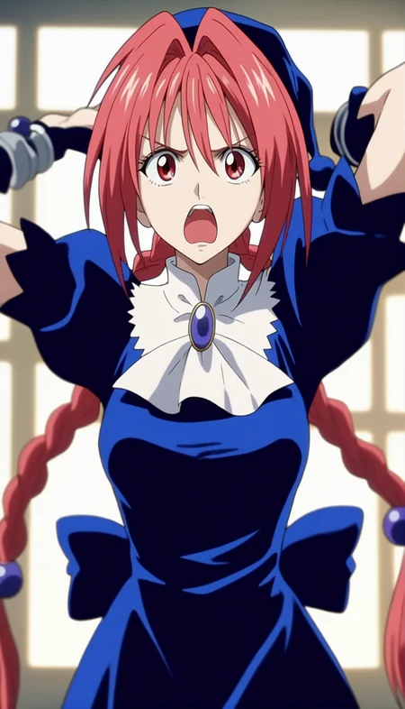 core_9,score_8_up,score_7_up,
<lora:dorothy>,doroshii,1girl,solo,
pale skin,red eyes,
pale skin,red eyes,long pink hair,bangs,two braided pigtails,dark purple jewels in braided pigtails,black cap with ball on end,black dress,large bow on lower back,short puffed sleeves,tight around torso,shows breast shape,white collar,mail coach tie,dark purple jewel on tie,furrowed brows,mouth wide open in an exaggerated expression,teeth,furious,arms raised up,upper body,front view,white background,
indoors,french window,soft clouds drifting,summer,morncolour,
vignetting,blurry background,