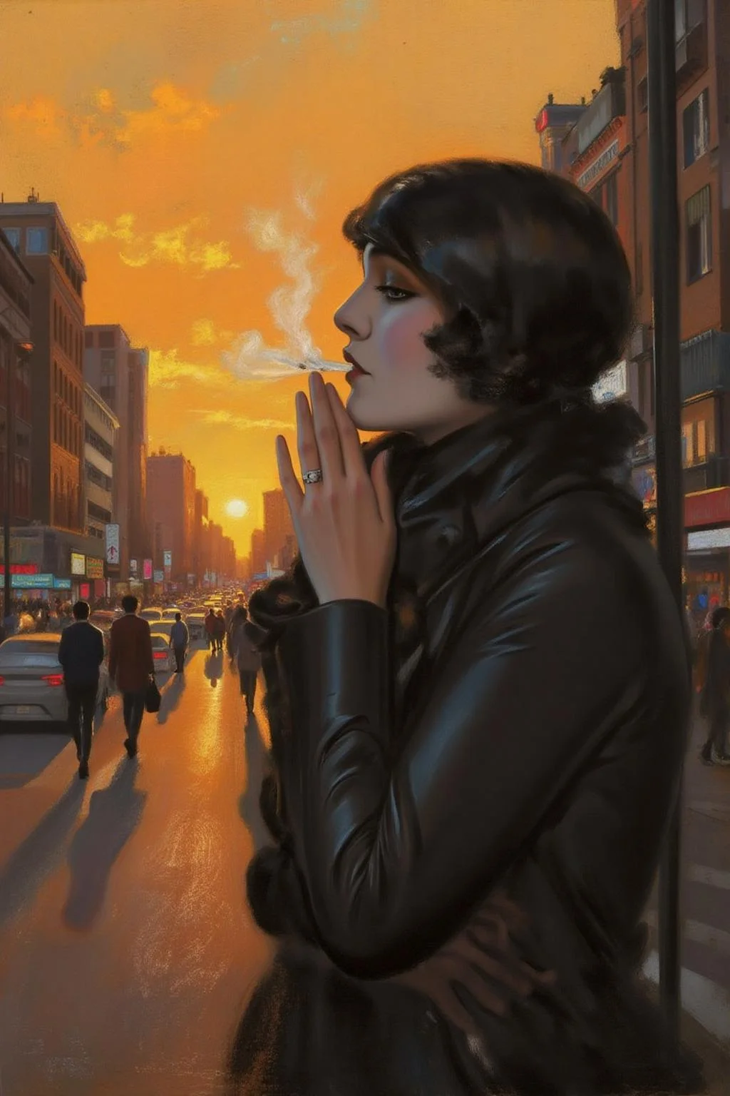 rolfarmstrong1 illustration.
A woman, shown in side profile, smoking at a busy street corner at sunset. <lora:rolfarmstrong1_cap_d8a4:1.0><lora:862783072322514425:0>