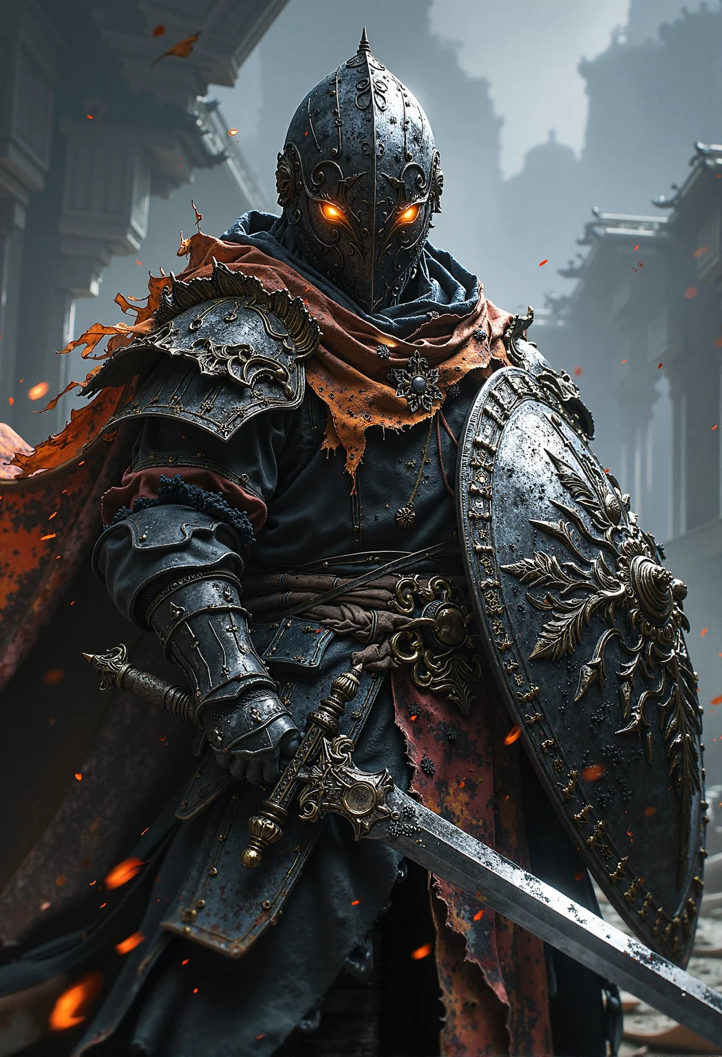 Haunted knight, rusted armor, burning eyes, cracked shield, cursed blade <lora:Elden_Ring_-_Yoshitaka_Amano.safetensors:1.0>, <lora:black_fantasy.safetensors:0.75>,