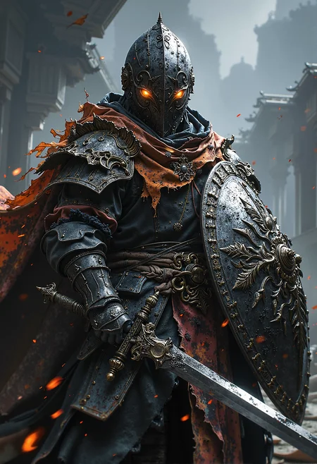 Haunted knight, rusted armor, burning eyes, cracked shield, cursed blade <lora:Elden_Ring_-_Yoshitaka_Amano.safetensors:1.0>, <lora:black_fantasy.safetensors:0.75>,