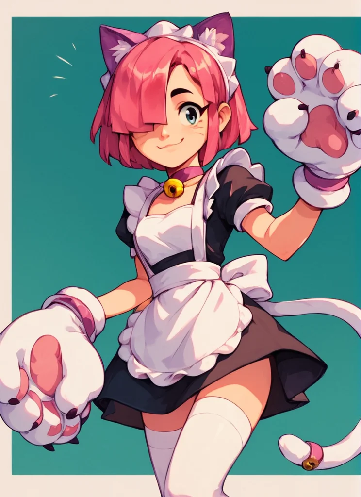 score_9, score_8_up, score_7_up  , <lora:pawlette:1> 1girl, human , pawlette ,animal ears, cat tail , pink hair,  hair over one eye, maid headdress,  bracelet  ,necklace,  neck bell,  maid,  short dress,  White Stockings , paw gloves ,solo    smile ,