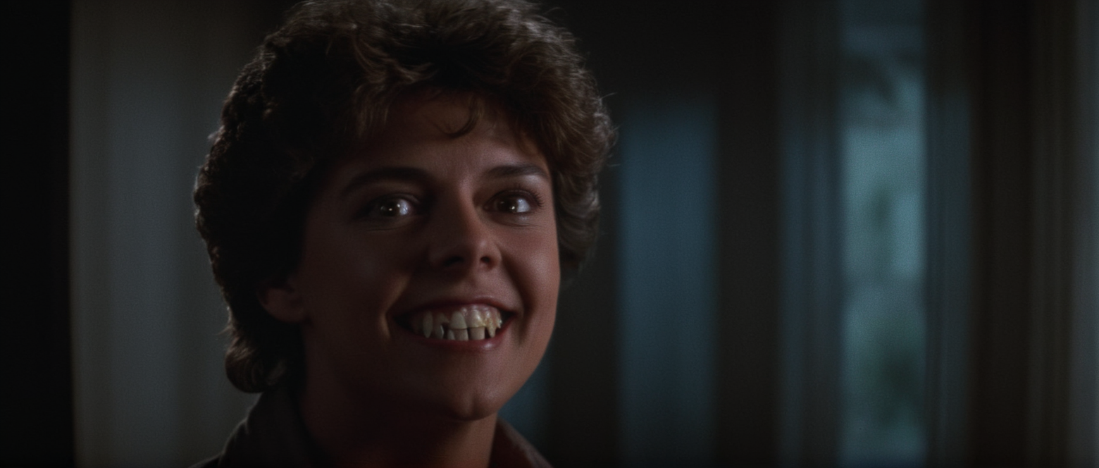 cinematic film still of  <lora:Fright Night 1985 style v2:1>
In the 1980's Amy Peterson Amanda Bearse a woman with a very big smile on her face,solo,looking at viewer,brown hair,1boy,brown eyes,male focus,teeth,clenched teeth,portrait,realistic , horror themed, dark themed, low key light, dramatic light, dramatic shadow light, contrast, cinematic color, cinematic look, filmic, realistic, realism, perfection, perfect, Kodak, Kodak film, movie still, Fright Night 1985 style, Fright Night Film style, shallow depth of field, vignette, highly detailed, high budget, bokeh, cinemascope, moody, epic, gorgeous, film grain, grainy