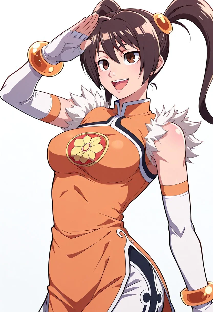 xiaoyutbl, anime art style, 1girl, solo, gloves, twintails, fingerless gloves, chinese clothes, elbow gloves, dress, china dress, smile, open mouth, brown hair, brown eyes, white background, jewelry, white gloves, bracelet, breasts, salute, simple background, orange dress