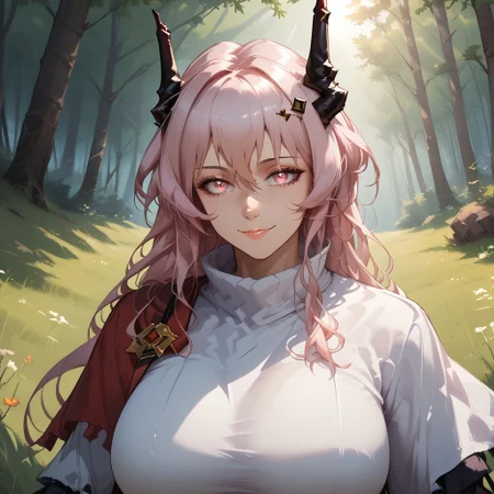 score_9, score_8, BREAK, solo, ((theresa (arknights))), horns, black horns, pink hair, pink eyes, hair between eyes, long hair, sidelocks, bangs, adult female, mature female, big breasts, sexy pose, self portrait, smile, looking at viewer, outdoors, sunlight, shadows, evening lighting, natural lighting, forest, trees, grass, orange sky, sunset