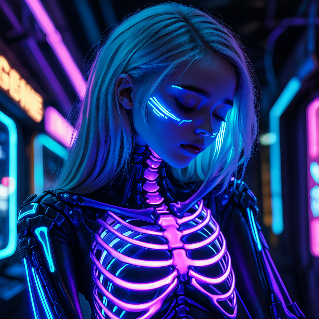 masterpiece,high detail,high resolution,
transluminescent, 1girl,solo,long hair,closed eyes,upper body,parted lips,blurry,lips,blurry background,colored skin,science fiction,realistic,ribs,skeleton,alien,cyberpunk,spine,neon lights
, <lora:transluminescent_v2_xl:0.6>,