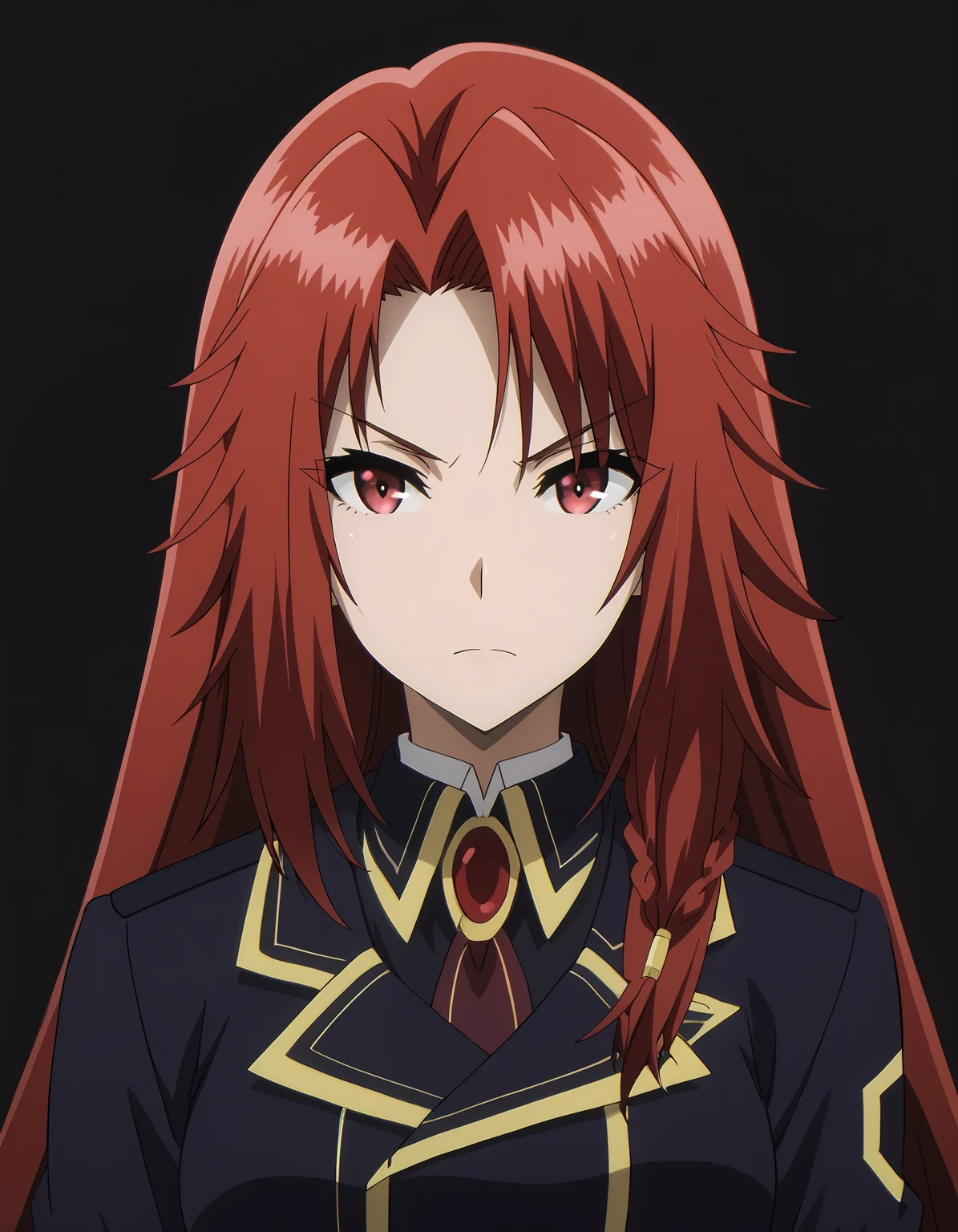 <lora:Iris:1>iris_eminence, 1girl, uniform, upper body, face, front view, facing the viewer, simple black background background
