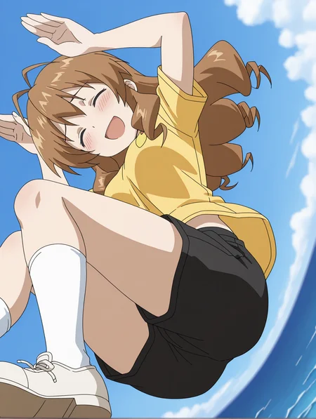 masterpiece,best quality,newest,
1girl,solo,
<lora:tokita_ayumi_ilxl_v1.1:1>,ayumi,a_clothes,black shorts,white footwear,white socks,embarrass,<lora:Fixhands_anime_bdsqlsz_V1:1>,open mouth,:d,blush,arm_above_head,rabbit pose,jumping,closed eyes,laughing,dynamic_angle,cinematic_angle,from_below,ocean,