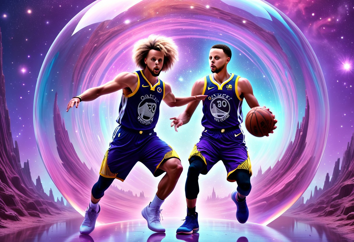 Create a hyperrealistic digital painting of Steph Curry mid-dribble, wearing his Golden State Warriors jersey, within a swirling nebula filled with two colossal planets resembling organic, textured orbs radiating vibrant purple and pink light.  His iconic Wookiee-like hair flows dramatically around him, illuminated by the cosmic glow, as he performs a gravity-defying crossover move against a mirrored reflection of himself, all set within a vast, iridescent bubble-filled tunnel leading to a shimmering, futuristic city – emphasize intricate detail, dramatic lighting, and a surreal, dreamlike quality, incorporating a sense of immense scale and power.