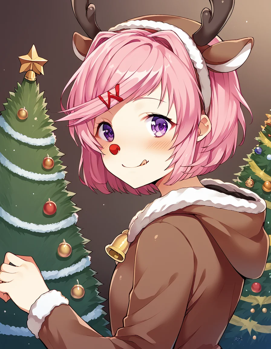 score_9, score_8_up, score_7_up, source_anime, <lora:ddlc-natsuki-ingame-ponyxl-lora-nochekaiser:1>, natsuki, fang, hair ornament, pink hair, purple eyes, short hair, short sidetail, swept bangs, x hair ornament,, <lora:reindeer-costume-ponyxl-lora-nochekaiser:1>, reindeer costume, animal costume, reindeer antlers, antlers, fake antlers, reindeer hood, christmas, red nose, deer ears, deer tail, christmas tree, bell, horns, reindeer,, blush, smile, tongue out, looking at viewer,, , dutch angle, cowboy shot