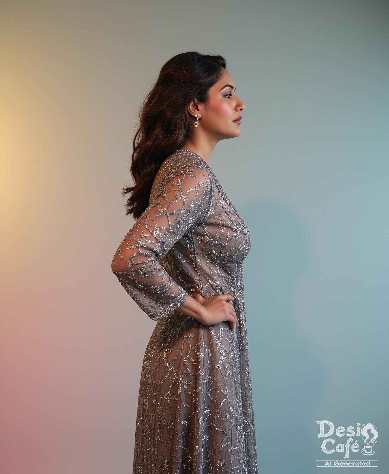 side view photo of Surabhi Chandna woman, hyper realistic photo that is safe for work, power pose, studio quality image with natural colors, well dressed wearing intricate long sleeved Grey floral summer dress, hair styled as  90s blowout,muted pastel shaded multicolored background that contrasts with the person, cinematic lighting,âââââ âââ  <lora:Surbhi_Chandna_Flux_Kohya_V1:1>âââ