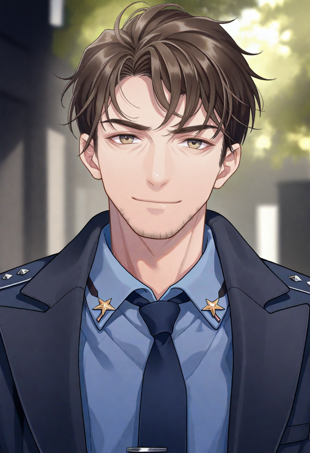 masterpiece,best quality,very awa,
1boy,
<lora:darius_morgan_NAI_EPS_1_0_CAME_v1-000026:1>,d4r1u5m,brown hair,short hair,facial hair,stubble,
facing viewer,looking at viewer,smile,
portrait,
blue shirt,collared shirt,tie,tie pin,
black jacket,âopen jacket,
police uniform,
depth of field,blurry backgroundâââ