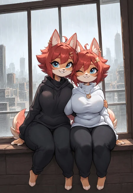 masterpiece, score_9_up, score_8_up, score_7_up, score_6_up, source_furry, (best quality:1.1), ultra-detailed, high resolution, highly detailed macro illustration, duo, twins BREAK 2girls, mddkuStyle, furry female, anthro cat, animal ears, bottom heavy, thick thighs, plump, (cute expression, cute face:1.2), :3, hugging BREAK oversized sweater, black pants, jewelry, earrings, sitting on windowsill, city, rainy weather outside, indoor, warm light, serene expression BREAK Highly Visible, sharp focus, perfect lighting, anatomically correct, extremely detailed, high detail, Expressiveh, OverallDetail, zPDXL3
