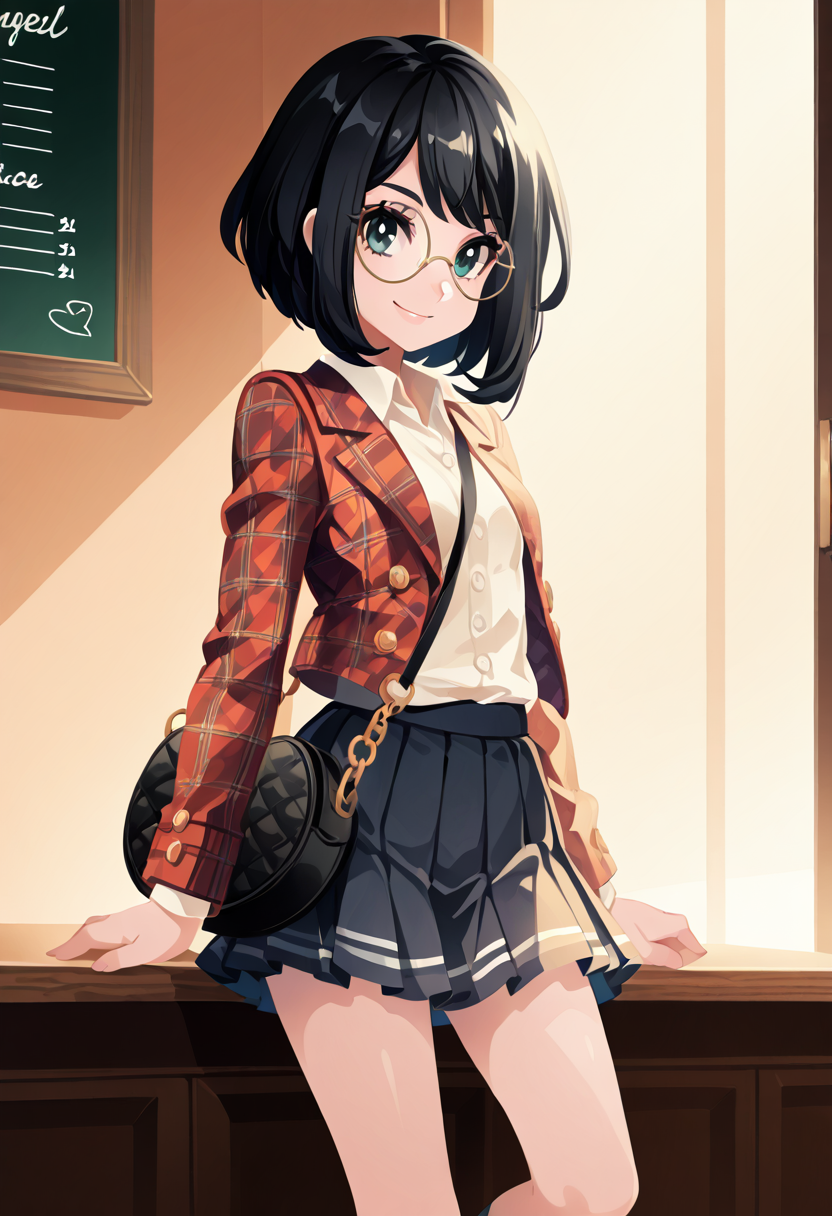 masterpiece, best quality, 1girl, solo, eyelashes, (beautiful eyes), narrow waist, smile, <lora:CoutureCraze_IXL:1.0>,   zzSelene, black hair, short hair, C0utur3Cr4z3, 1girl, solo, plaid blazer, pleated skirt, round glasses, loafers, vintage handbag, retro cafÃ©, soft lighting â Selene enjoys a quiet moment in a retro cafÃ©, her plaid blazer perfectly tailored and paired with a pleated skirt that sways gently as she sits. Round glasses give her look an intellectual vibe, while classic loafers complete her chic ensemble. A vintage handbag rests on the table beside her, and the soft, warm lighting of the cafÃ© creates a nostalgic atmosphere, highlighting her short black hair and sophisticated style.     <lora:SelenePokemon_NAI:1.0>,