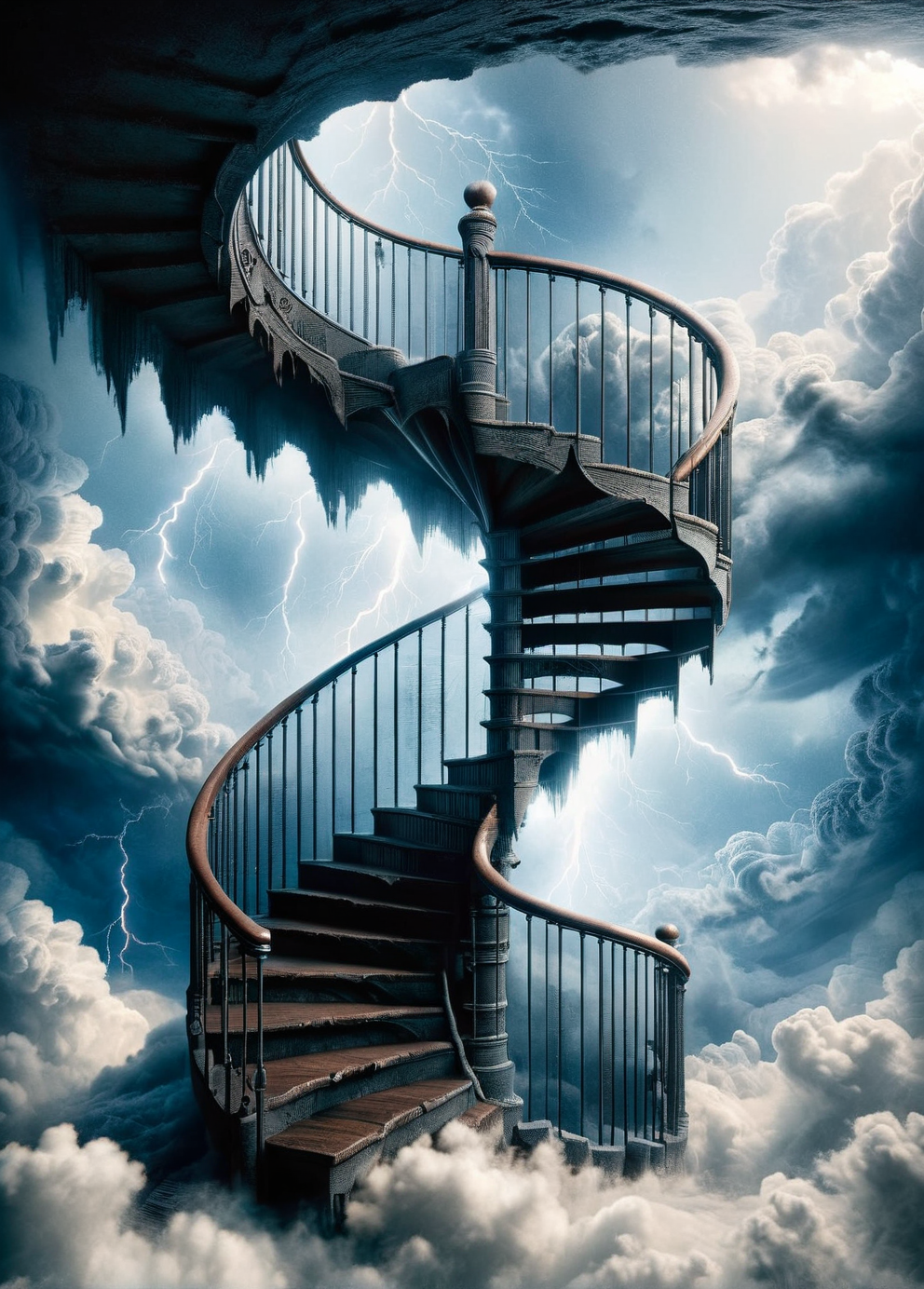 An ais-rghhwn spiral staircase leading upwards into a swirling vortex of clouds and ethereal dark abyss, lightning, impending doom <lora:ais-rghhwn-sdxl:1>