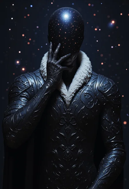 This high-quality digital artwork depicts a faceless god, holding up his hand to his face, holding the universe in his palm, getting ready to destroy all that it's birthed and created in one quick motion. The god has is has no face. Instead, where the gods face would be is a smooth, featureless, black surface, consumed by darkness with a swarm of beautiful stars scattered. The faceless god is clothed in an elegantly designed, dark, lightly armored robe, with a white fur collar, that covers the spirits torso and arms. The background features a universe with colorful twinkling stars. The camera angle is leveled, looking at the faceless god, emphasizing it's gut wrenching situation. The depth of field is wide, keeping everything in sharp focus, highlighting every magnificent detail. The overall aesthetic quality is very high, showcasing excellent use of lighting and composition.
